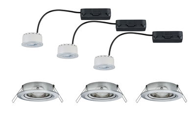 Three round recessed spotlights in brushed stainless steel with white LED modules and black cables.