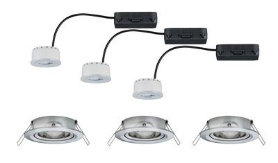 Three round recessed spotlights in brushed stainless steel with white LED modules and black cables.