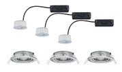 Drei runde Einbaustrahler aus gebürstetem Edelstahl mit weißen LED-Modulen und schwarzen Kabeln.