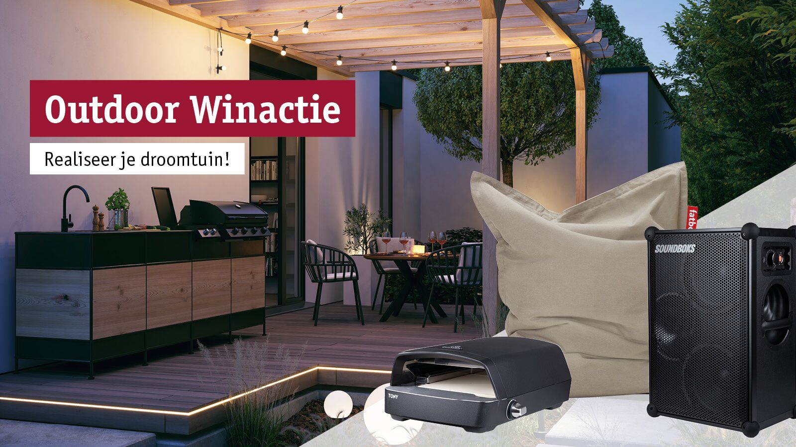 Moderne buitenruimte met houten pergola, lounge meubels en zwarte luidsprekers voor tuin en terras