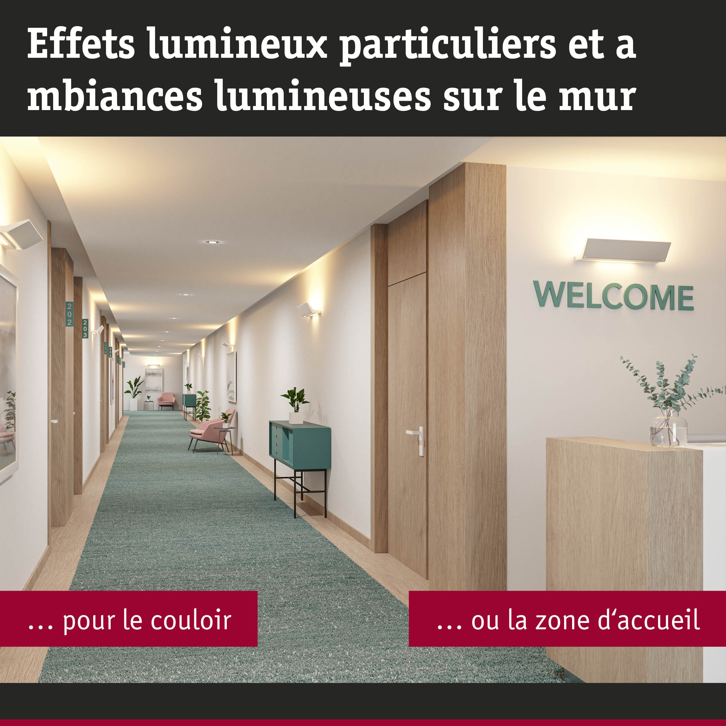 Couloir moderne avec murs blancs, détails en bois et appliques murales blanc chaud pour ambiance lumineuse