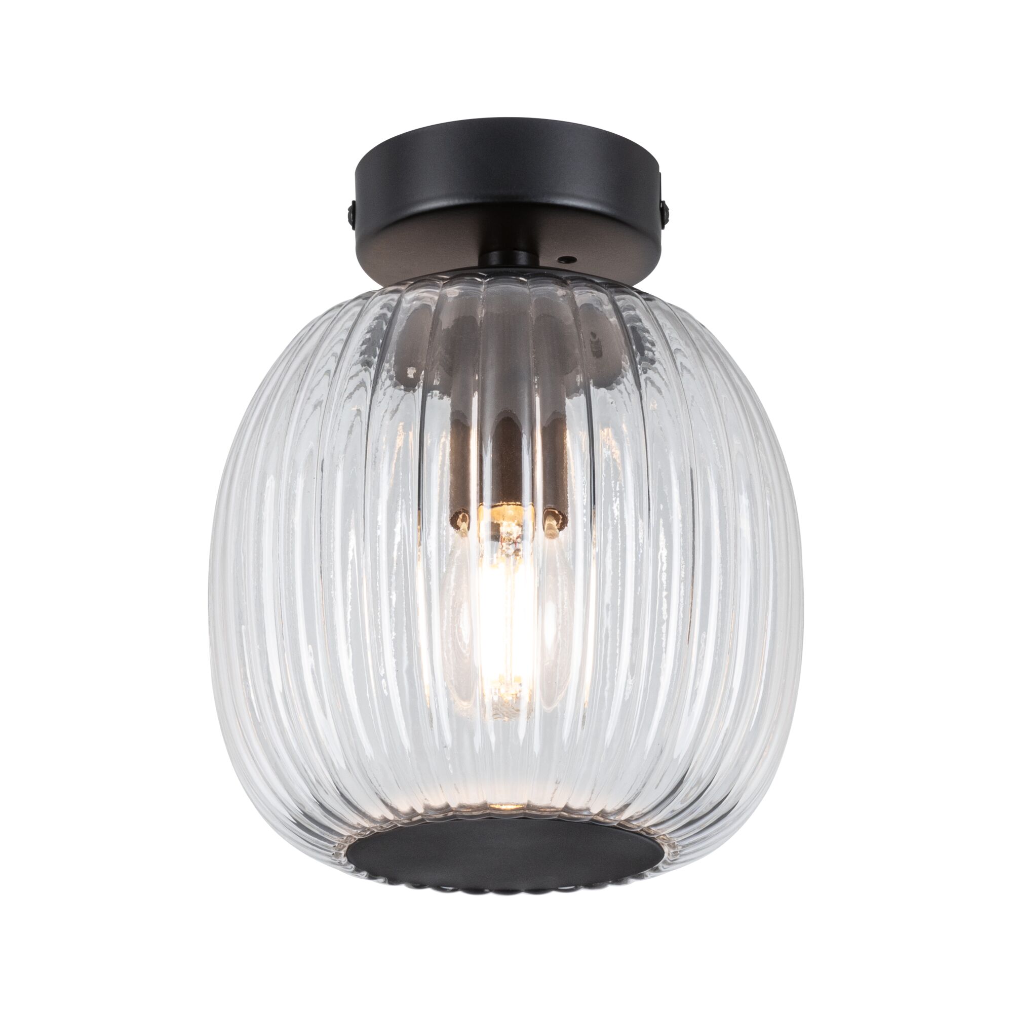 Ceiling light with ribbed clear glass and matte black metal for modern home lighting