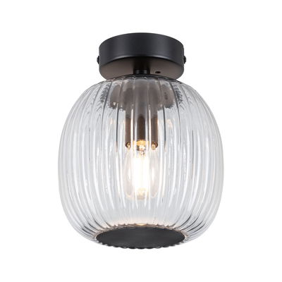 Ceiling light with ribbed clear glass and matte black metal for modern home lighting