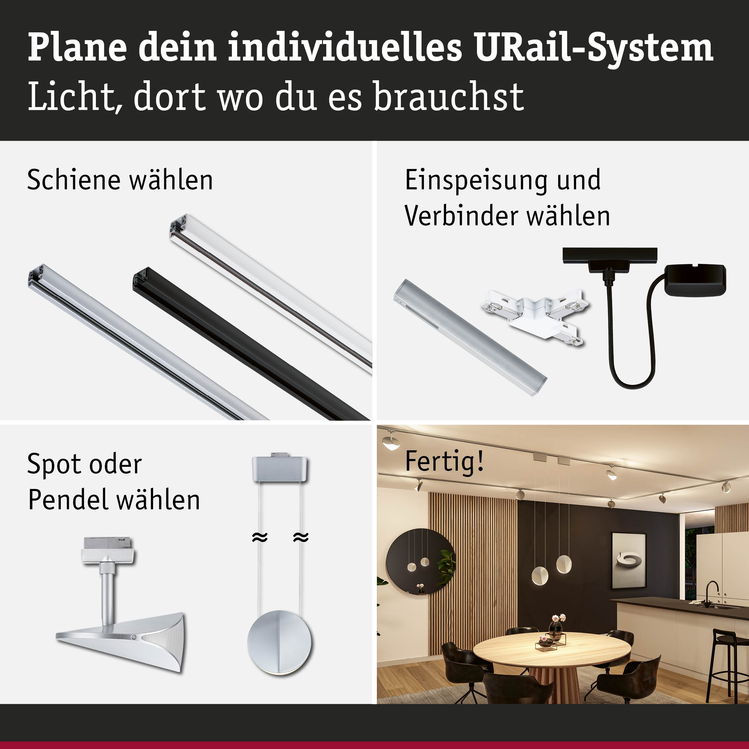 Modulares URail-Schienensystem in Schwarz und Weiß mit Steckern und Spots für individuelle Lichtplanung