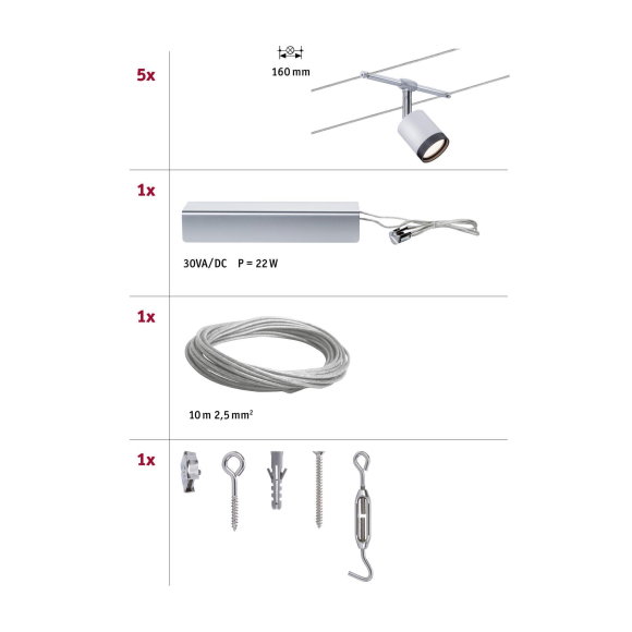 Paulmann 94109 Kabelsysteem DiscLED1 Set Uitbreidbaar Warm Wit 5x4W LED Chroom Satijn Kabellamp Hanglamp 290 X 200 2 Cm 2872379291